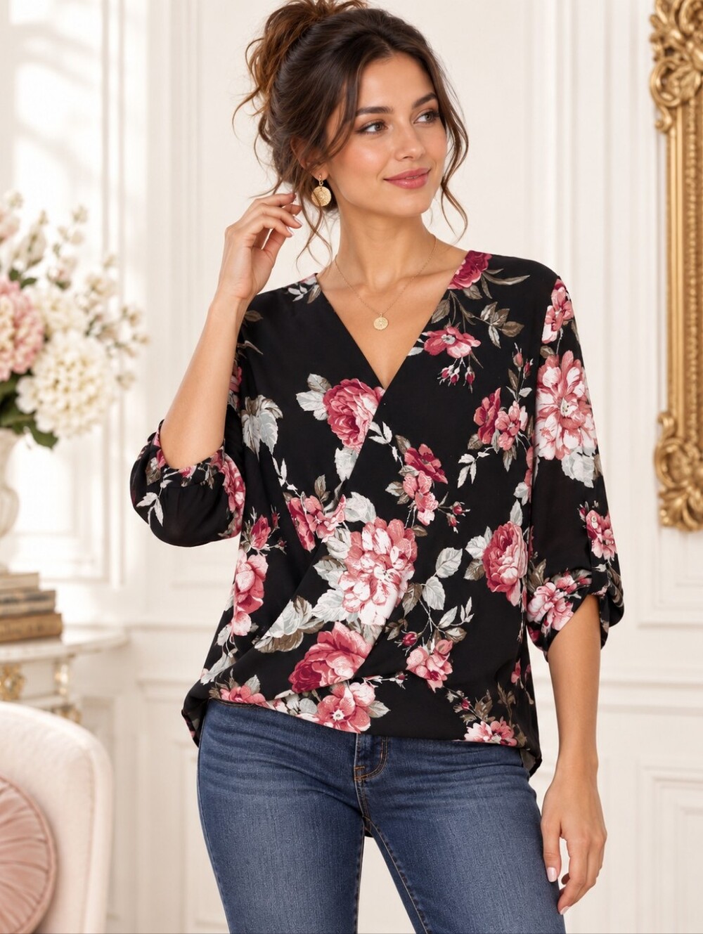 BCX Floral Wrap Front High Low Blouse | Black Pink | Size Medium